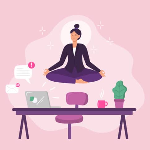 business woman meditating at work desk, illustration