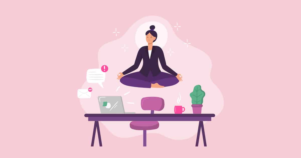 business woman meditating at work desk, illustration