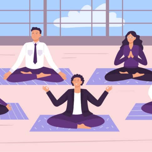 office workers taking a yoga break at work, illustration