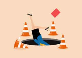 Terrified business woman fall down into the hole. Failure or mistake business concept. Vector illustration