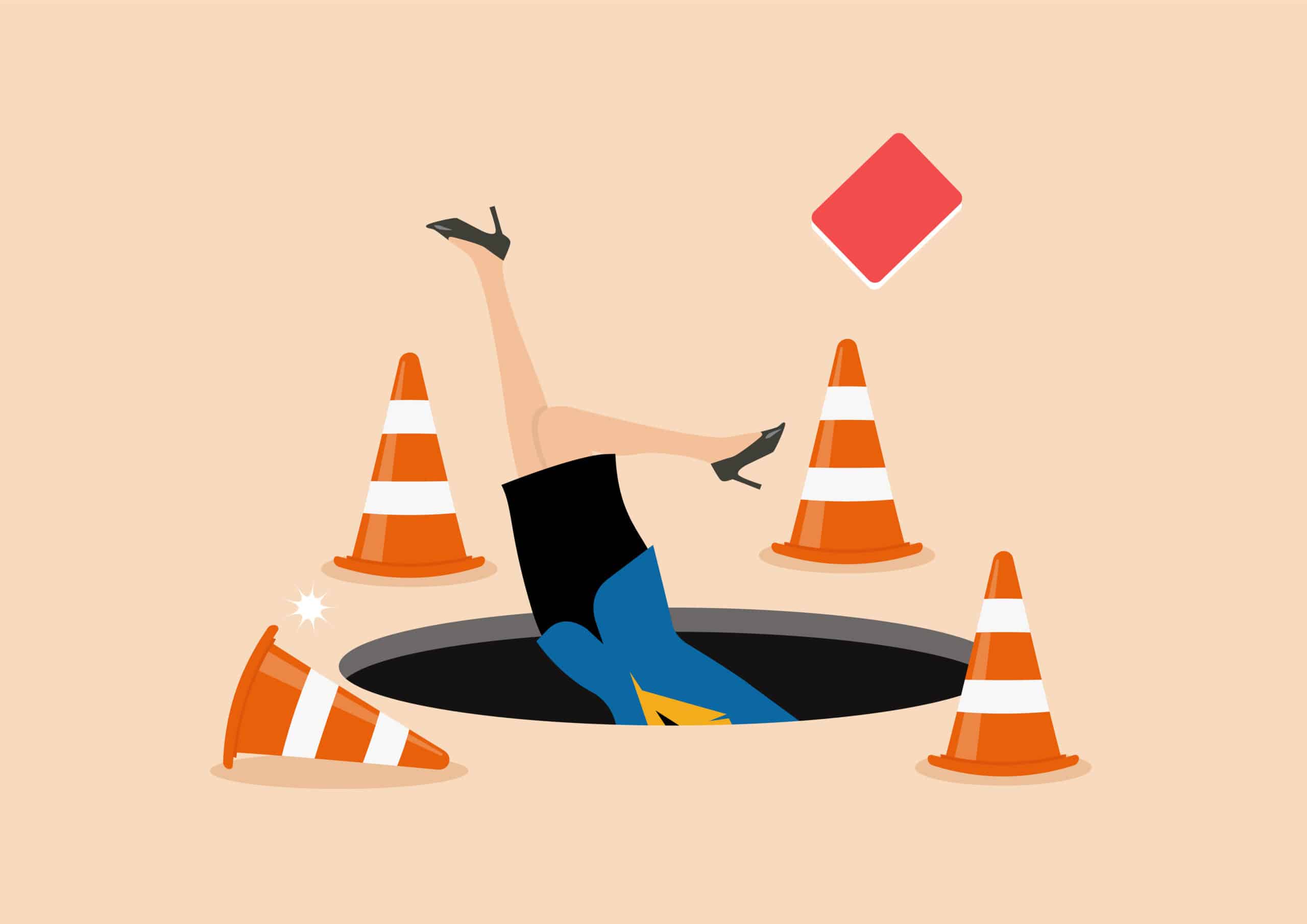 Terrified business woman fall down into the hole. Failure or mistake business concept. Vector illustration